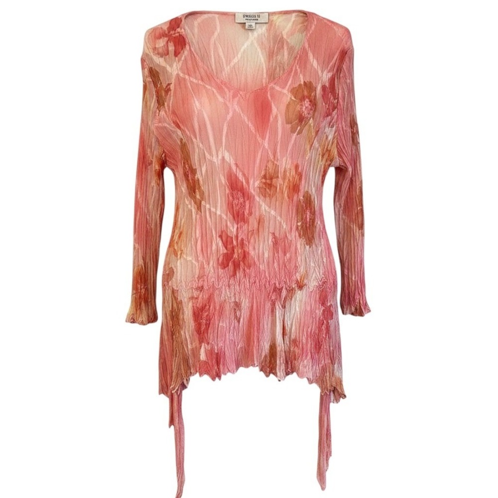Vtg Y2K Fairy Pink Floral Top Sz M Ethereal Crinkle Sharkbite Hem Whimsical - Picture 1 of 14